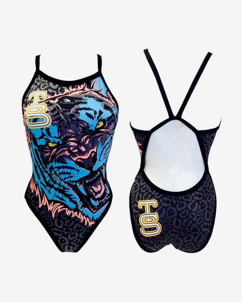 Bañador de natación Turbo Tigre negro azul naranja mujer