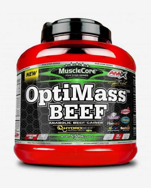 Bote Amix OptiMass Beef sabor doble chocolate coco 2.5 kg