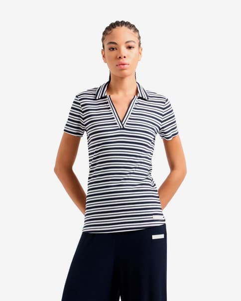 Polo EA7 Stripe Model manga corta negro puro blanco mujer