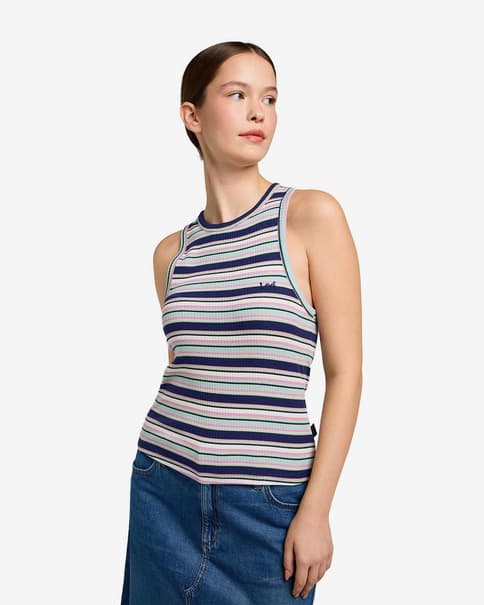 Camiseta Lee Ribbed sin mangas azul blanco mujer