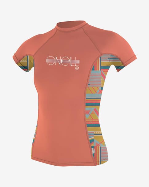 Camiseta O'Neill Premium Skins Rash Guard manga corta rosa amarillo azul niña
