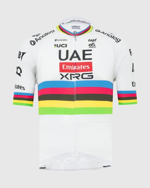 Maillot UAE Team Emirates 2025 World Champion Replica Tadej Pogacar manga corta blanco arcoíris