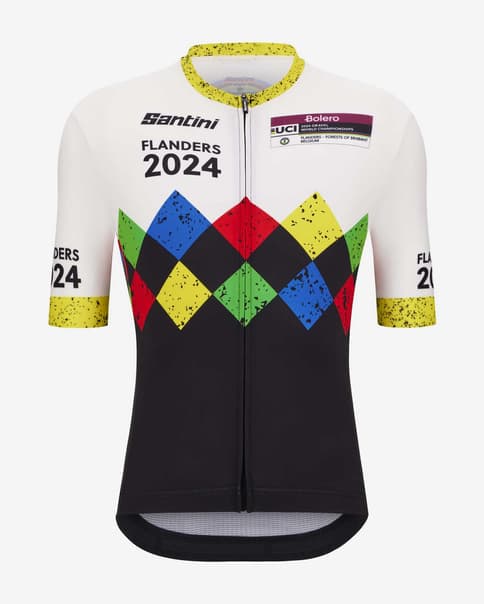 Maillot Santini UCI Gravel World Championships Leuven manga corta blanco profundo negro amarillo