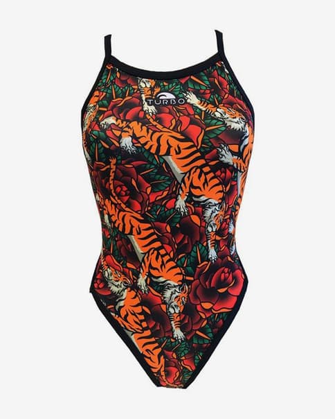 Bañador Turbo Tiger Roses tira fina negro naranja mujer