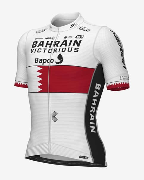 Camisola Bahrain-Victorious 2023 Champion Prime manga curta branco vermelho