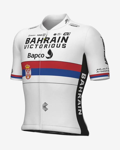 Camisola Bahrain-Victorious 2023 - Campeão Sérvio manga curta branco