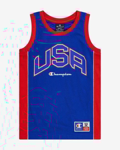 Camiseta Champion Legacy Retro Sport Basket USA tirantes azul rojo niño