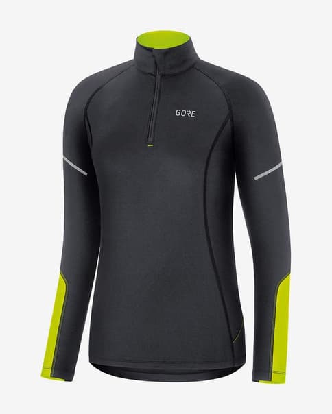 Camiseta Gore Wear Mid Half Zip manga larga negro amarillo neón mujer