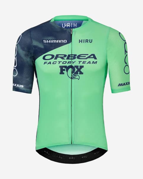 Maillot Hiru Orbea Factory Team 2025 Lab Race manga corta azul verde