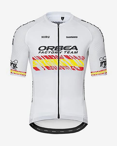 Maillot Hiru Orbea Factory Team Campeón España manga corta blanco rojo amarillo