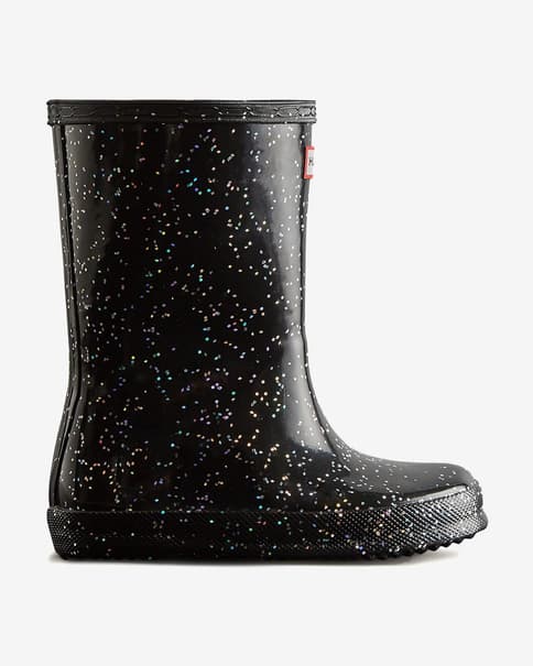 Botas Hunter Original Tall Kids First Giant Glitter negro brillante infantil 