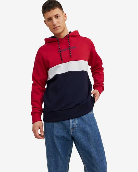 Sudadera con capucha Jack & Jones Blocking rojo gris claro azul marino