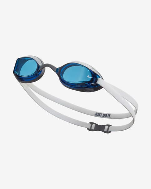 Białe gogle Nike Swim Legacy z niebieskimi przezroczystymi soczewkami