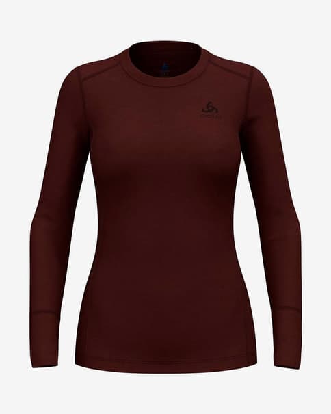 Odlo Natural Merino 200 Crew Neck Base Layer Top Long Sleeve Dark Red Women