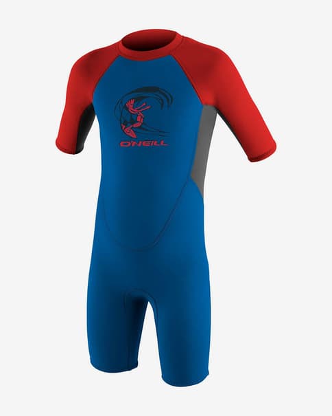 O'Neill Toddler Reactor 2 2mm Back Zip wetsuit met korte mouwen blauw rood grijs kinderpak