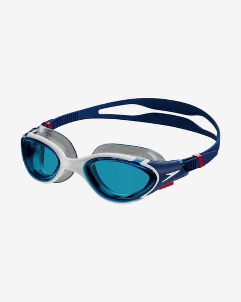 Speedo Biofuse 2.0 zwembril marineblauw rood met helderblauwe lenzen