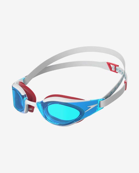 Zwembril Speedo Fastskin Hyper Elite wit blauw met transparante blauwe lenzen.