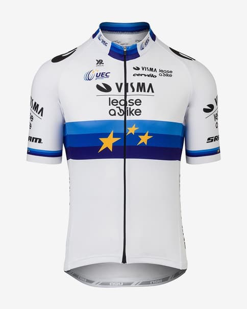 Maillot Team Visma Lease a Bike European Champion Replica 2025 manga corta blanco azul infantil