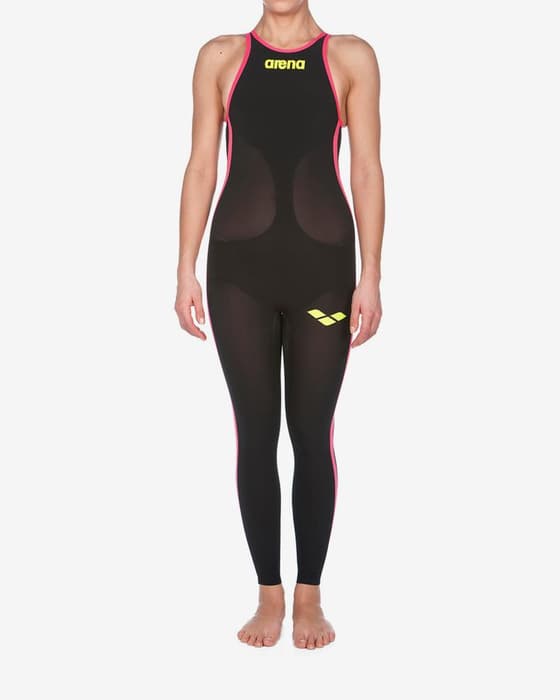 Maillot de bain de compétition Arena Powerskin R-Evo+ Full Body Long Leg Open Back noir jaune femme