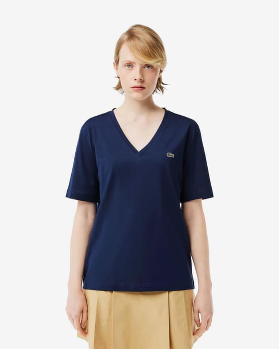 Camiseta Lacoste V Neck Logo manga corta azul marino mujer