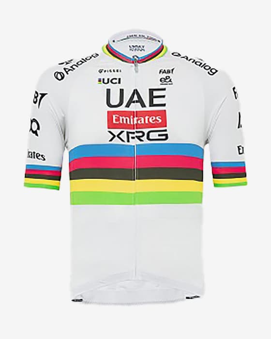 Maillot UAE Team Emirates 2025 World Champion Réplique Tadej Pogacar manches courtes blanc arc-en-ciel