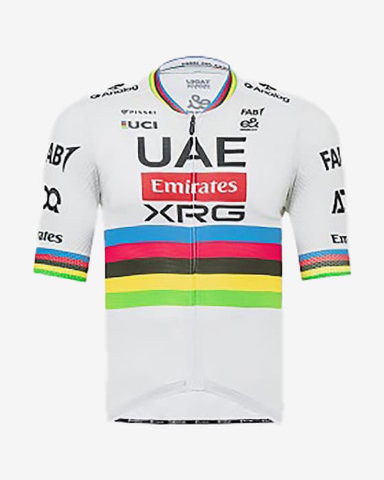 Maillot UAE Team Emirates Champion du Monde Tadej Pogacar manches courtes blanc arc-en-ciel