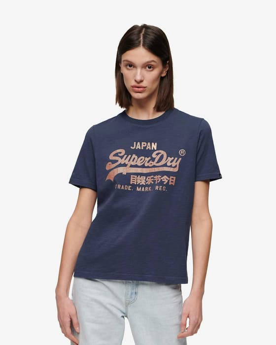 Camiseta Superdry Metallic Vintage Logo manga corta azul marino naranja mujer