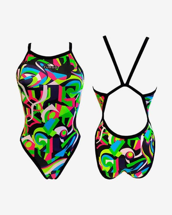 Maillot de bain de natation Turbo Geo Abstract bretelles fines noir vert femme
