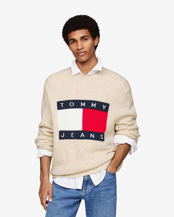 Jersey Tommy Jeans Reg Melange Flag manga larga beige claro azul rojo