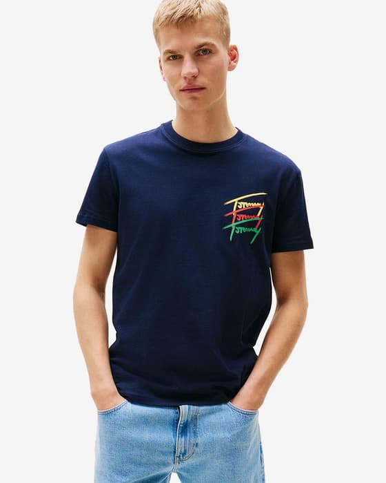 Camiseta Tommy Jeans Regular Twisted Signature manga corta azul marino amarillo rojo