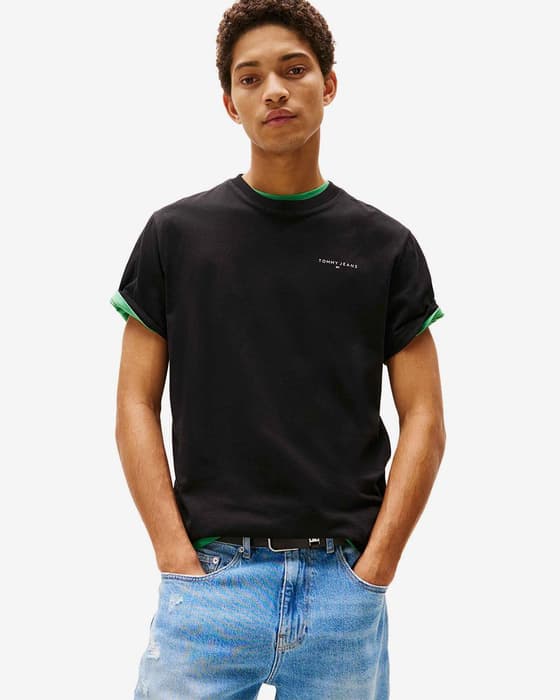 T-shirt Tommy Jeans Slim Linear Chest manches courtes noir pur