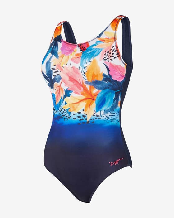 Maillot de bain Zoggs Tropic bleu marine rose orange femme