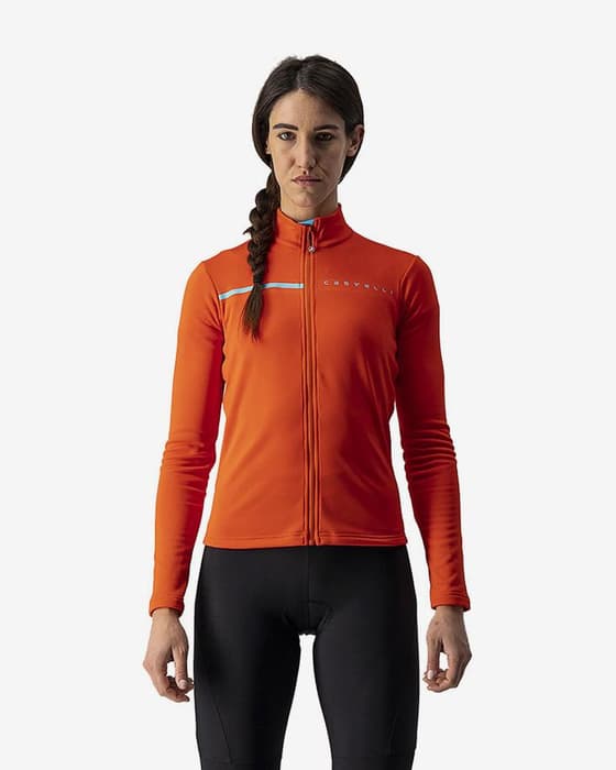 Maillot Castelli Sinergia 2 manche longue rouge orangé bleu ciel femme