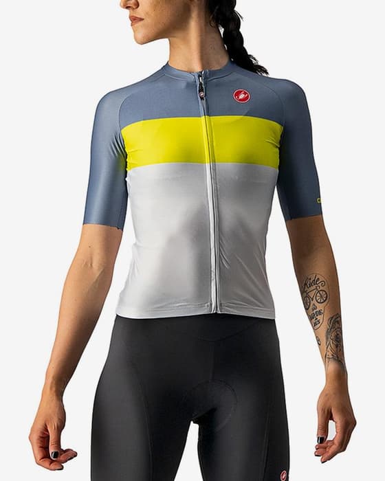 Maillot Castelli Aero Pro Rosso Corsa manga corta plateado amarillo azul mujer
