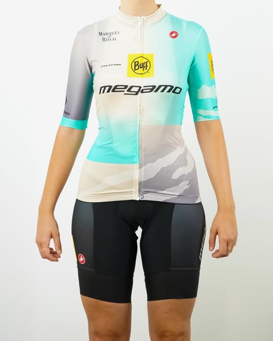 Maillot Castelli Buff Megamo 2025 Competizione 3 manches courtes blanc gris turquoise femme