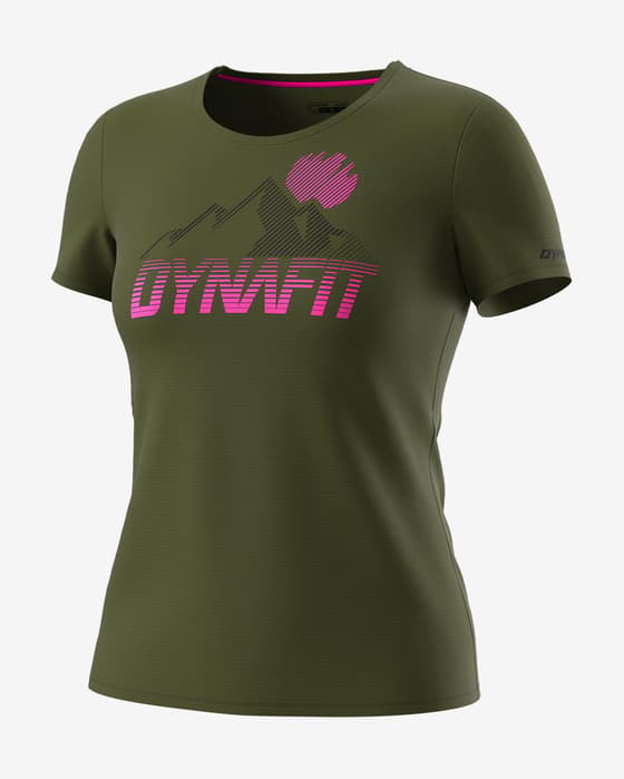 Camiseta Dynafit Transalper Graphic manga corta verde caqui logo rosa mujer