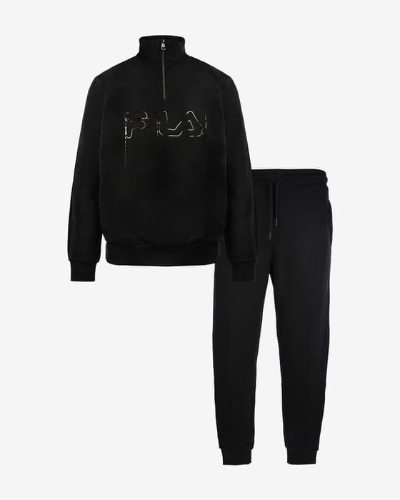 Fila Pyjamas Cotton Brushed Fleece Half Zip Logo Set schwarz/silber