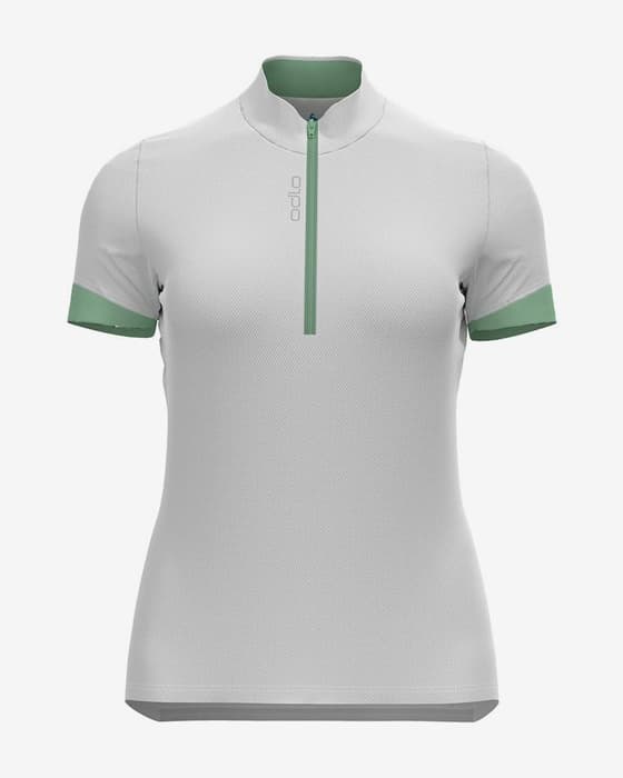 Maillot Odlo Essential Half Zip manche courte blanc turquoise femme