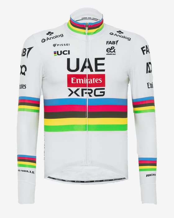 Maillot UAE Team Emirates 2025 Réplique Tadej Pogacar Champion du Monde manches longues blanc multicolore