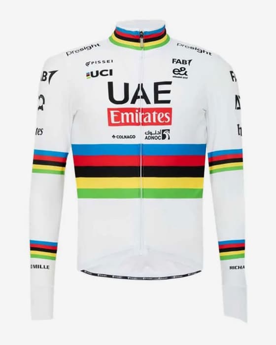 Maillot UAE Team Emirates 2025 Champion du Monde Réplique Tadej Pogacar manches longues blanc arc-en-ciel