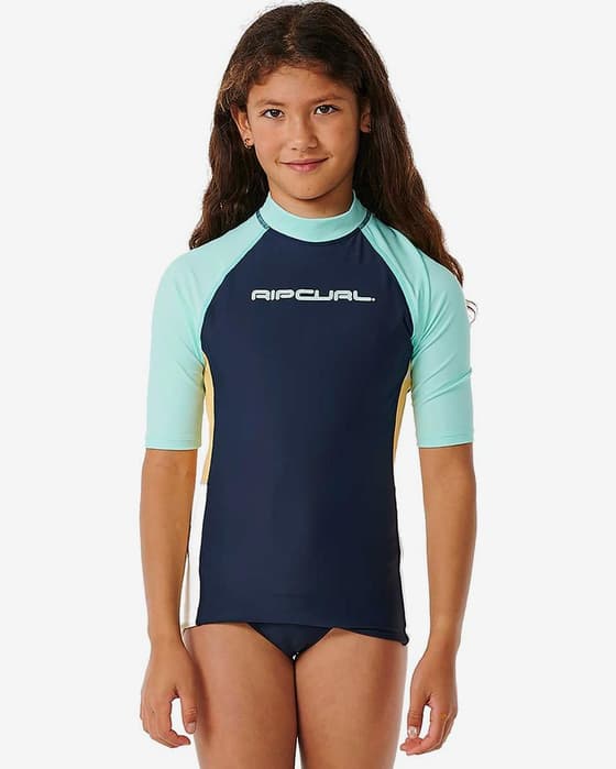 Short sleeve Rip Curl Block Party t-shirt for girls in blue and orange.