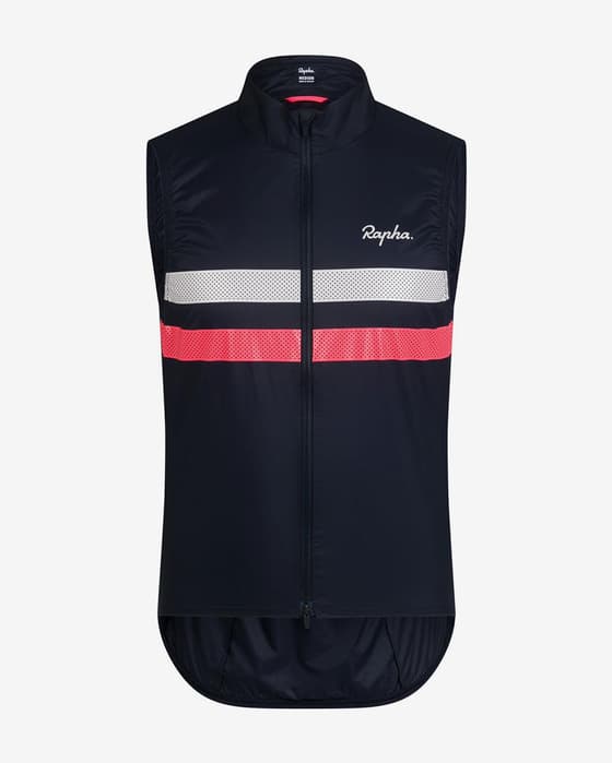 Chaleco Rapha Brevet Wind negro logo rosa blanco