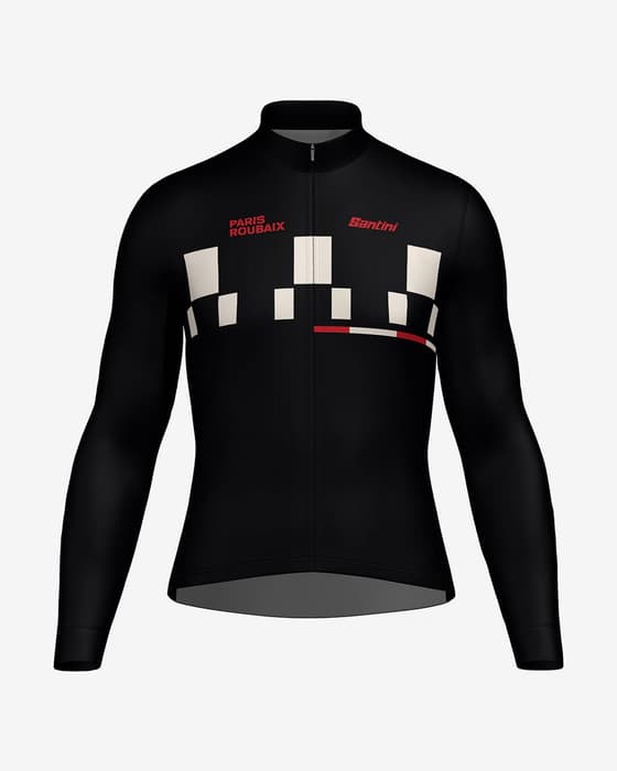 Maillot Santini Paris-Roubaix 2025 manga larga negro blanco rojo - Corte Classic