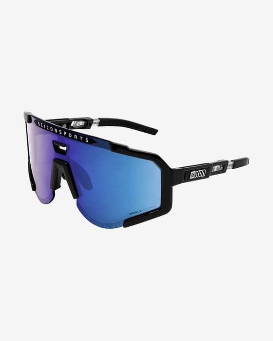 Lunettes Scicon Aeroscope noires avec verres multicolores bleus.