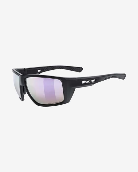 Uvex mtn venture Colorvision matte black sunglasses with light pink mirrored lenses.